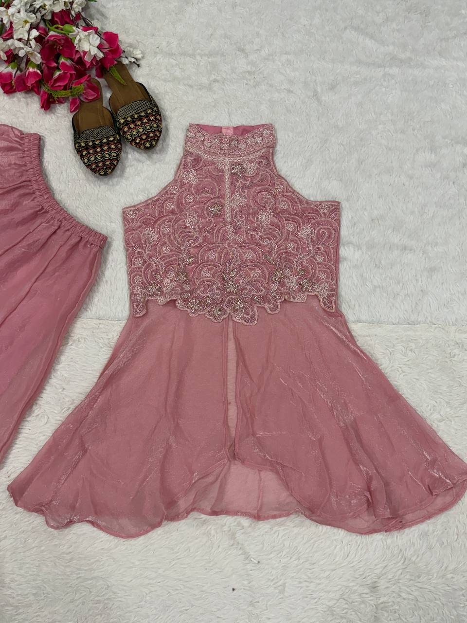 Elegant Blush Pink Peplum Kurti and Flared Palazzo Set Embellished with Delicate Resham Embroidery and Mirror Work